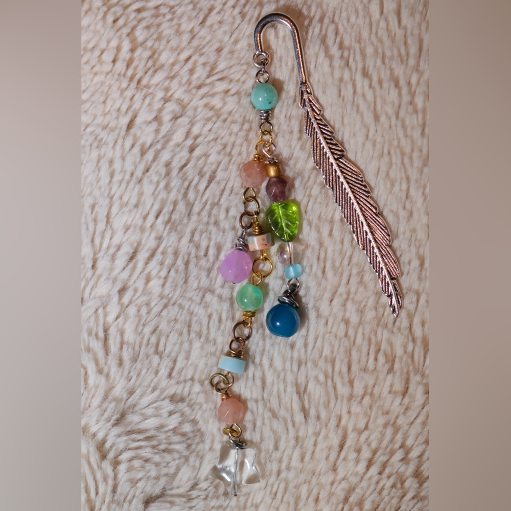 Silver Feather Bookmark with Colorful glass and gemstone beads